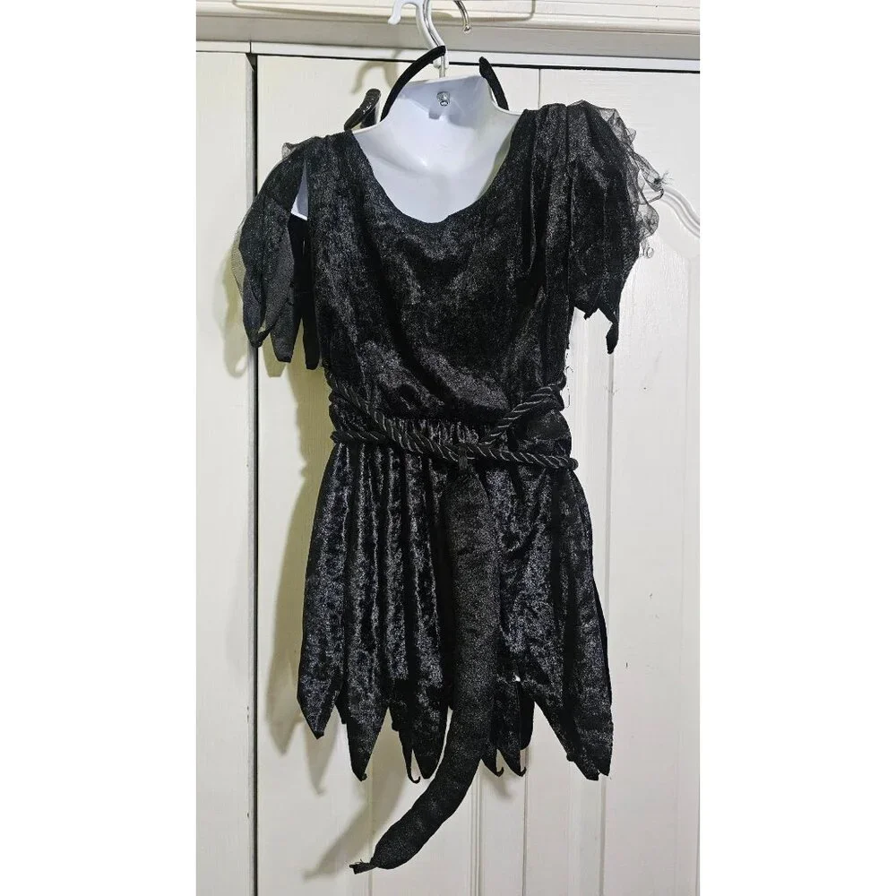 Demon Devil Costume Girls 4-6 Dark Angel Black Velvet Dress Horns Tail Halloween